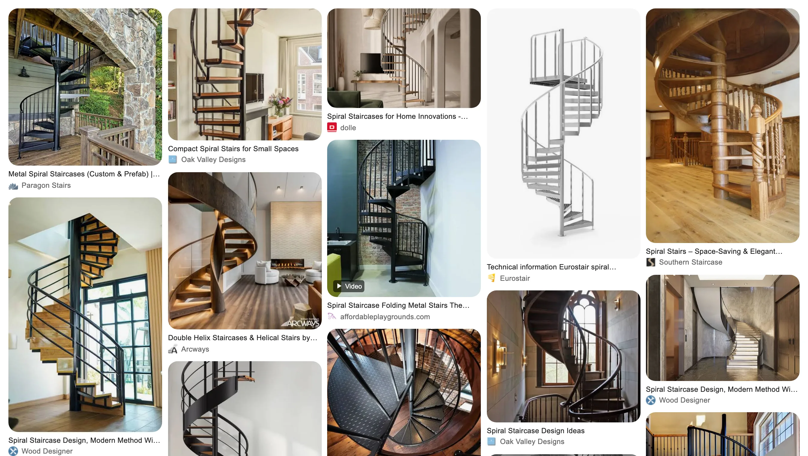 Google Images results for spiral staircase: a masonry grid of photographs, each captioned with a page title and publisher.