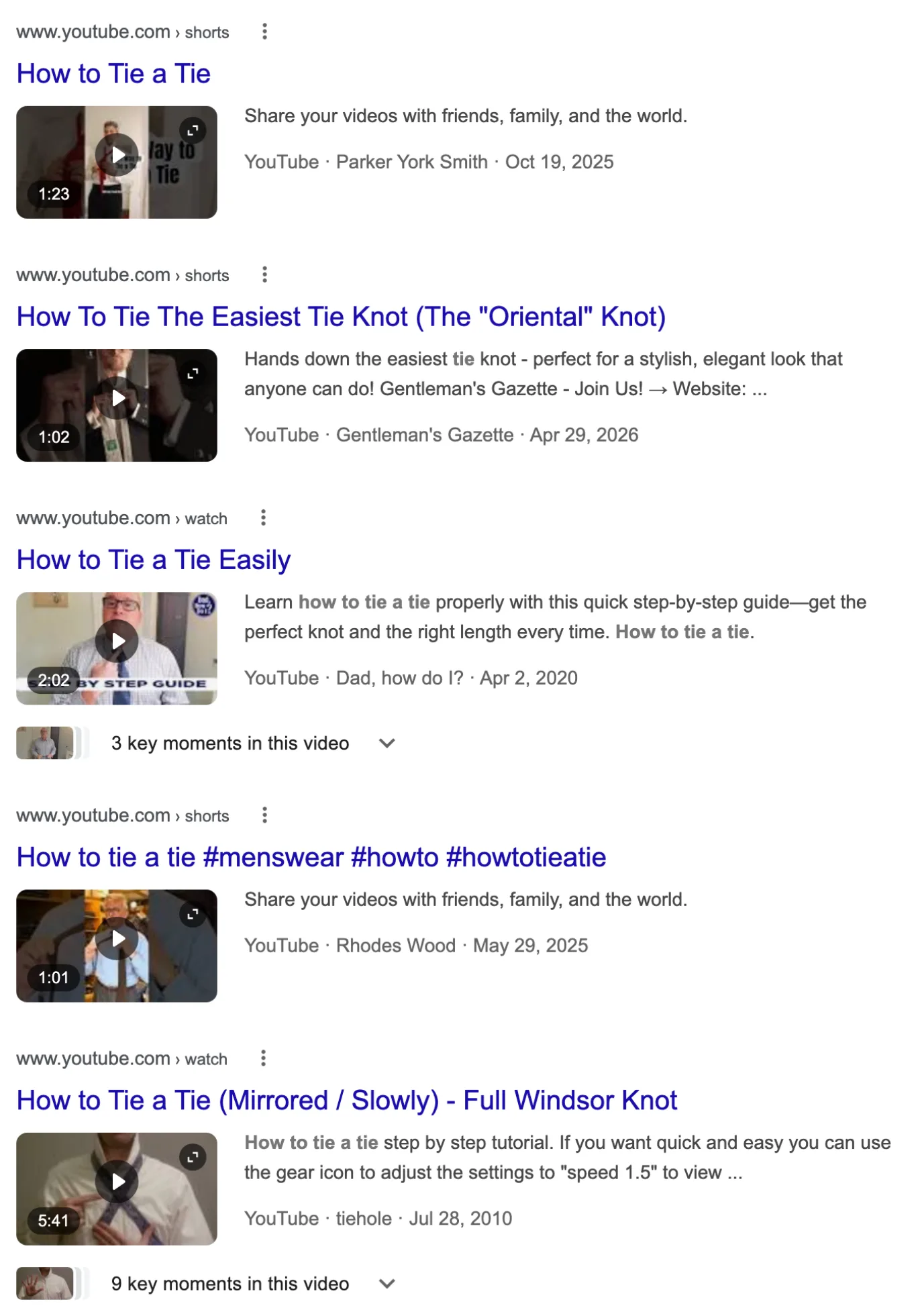 Google Videos results for how to tie a tie: five video results, each with a thumbnail, duration, channel and upload date.